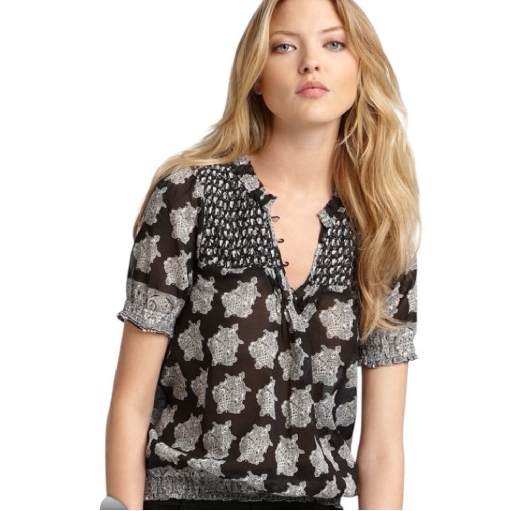 Joie Sheer Voile Cotton Smocked Top Puff Sleeve Dark Romantic Whimsical Western